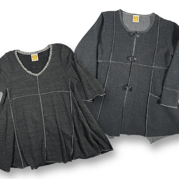 2PC Bundle HAND JIVE Art to Wear Patchwork Gray Tunic Top & Jacket L - Picture 1 of 14